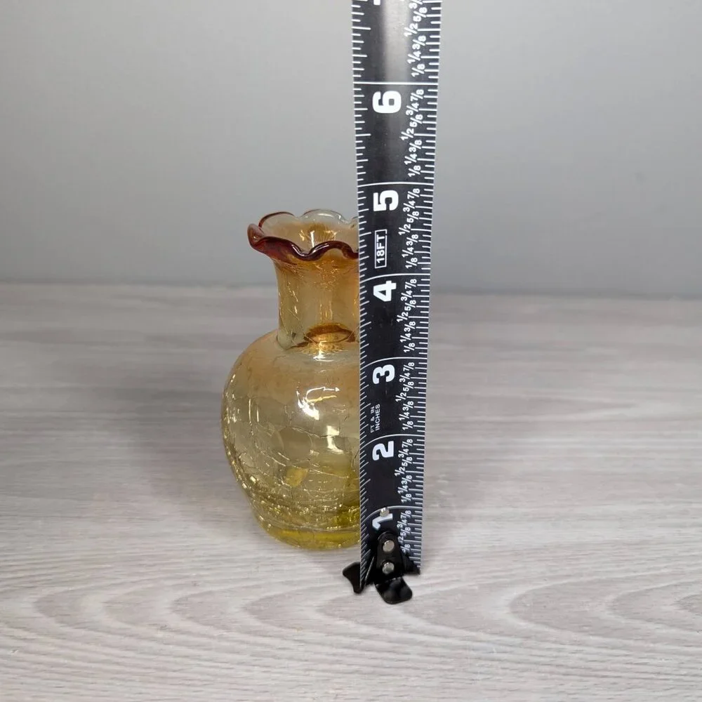 Pilgrim Honey Amber Crackle Glass Vase w/Applied Handle Ruffled Rim 4
